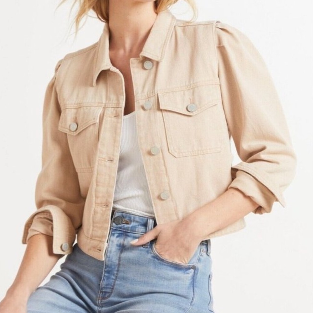 Blank NYC Denim Jacket Rose Dust Beige Button Down Crop